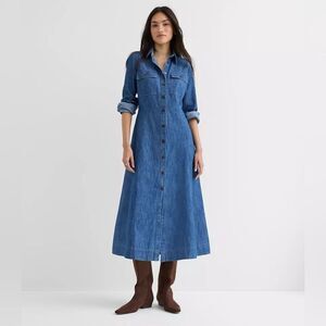 LOFT Chambray Seamed Midi Pocket Shirtdress Size 6 Petite Blue Long Sleeve Dress